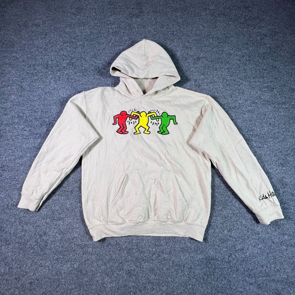 Keith Haring Hoodie Men's M White Cotton Fleece-Lined Pop-Art Figures Graphic